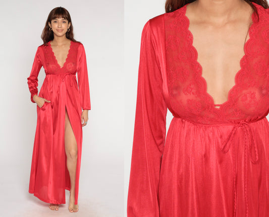 70s Red Lace Robe Wrap Tie Waist Long Sleeve Loungewear Dressing Gown Vintage Lingerie Satiny Sexy Valentines Day Date Night Small S