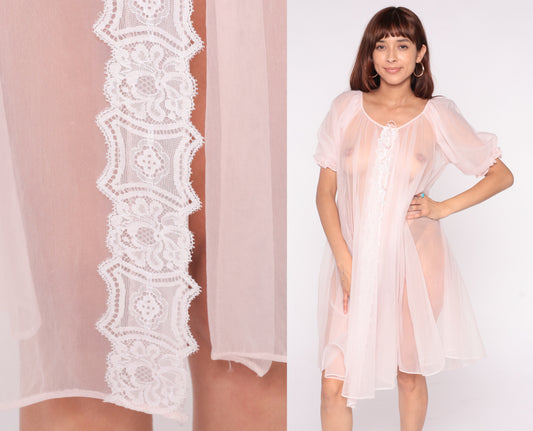 80s Pink Nightgown Sheer White Lace Trim Puff Sleeve Negligee Romantic Coquette Pastel Blush Vintage Lingerie Babydoll Medium Large M L