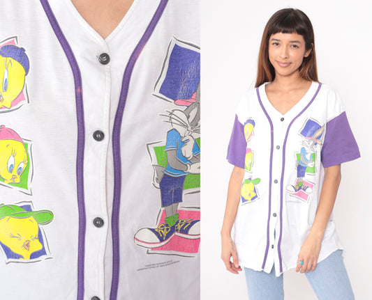 90s Looney Tunes Baseball Jersey Button Front Tweety Bugs Bunny White Purple Character Sun Sportswear Vintage Short Sleeve Top Extra Large