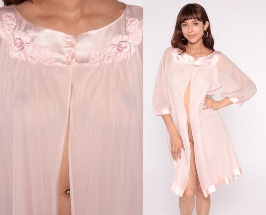 80s Pink Peignoir Sheer Nightgown Robe Puff Sleeve Embroidered Floral Gossard Artemis Coquette Fairycore Vintage Lingerie Lounge Medium M