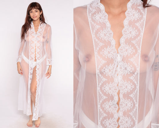 White Lace Robe 80s Duster Sheer Tie Front Negligee Lingerie Housecoat Coquette Fairycore Balletcore Bridal Vintage Floor Length Medium M