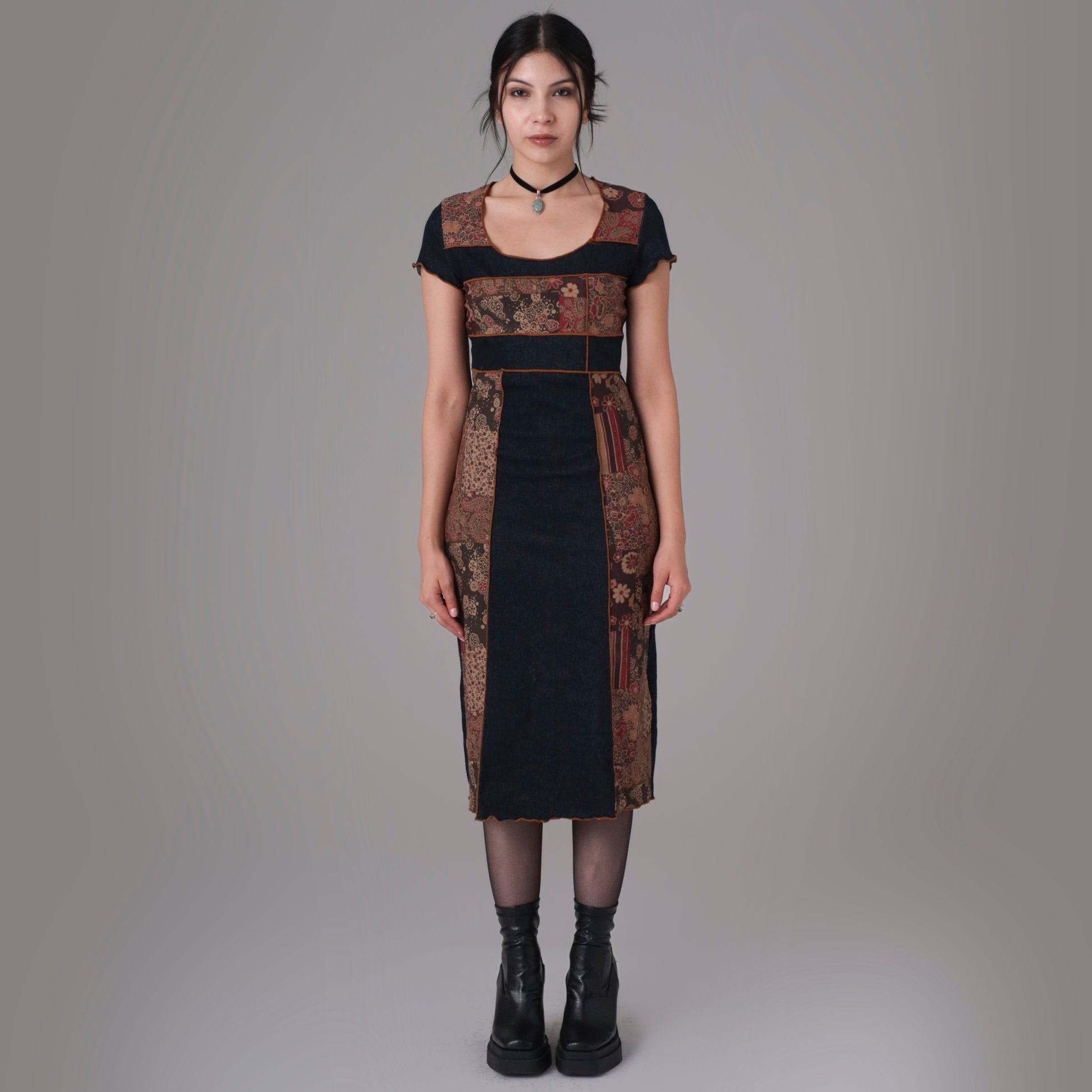 Y2K Navy and Floral Print Midi Dress Shopexile Y2K Navy and Floral Print Midi Dress Shopexile
