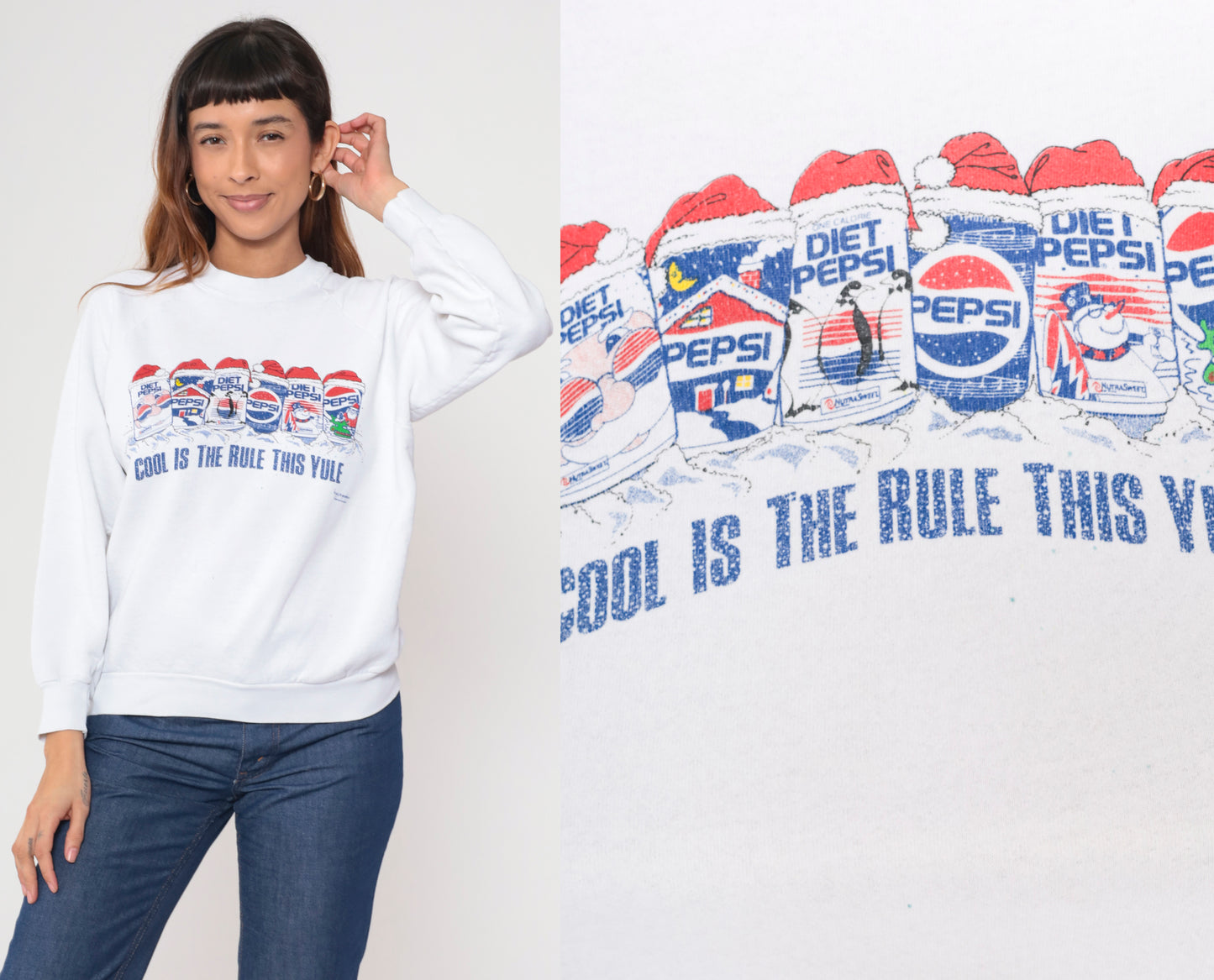 90s Pepsi Christmas Sweatshirt White Diet Pepsi Santa Holiday Crewneck Pullover Vintage Fruit Of The Loom Novelty Print Yule Large L