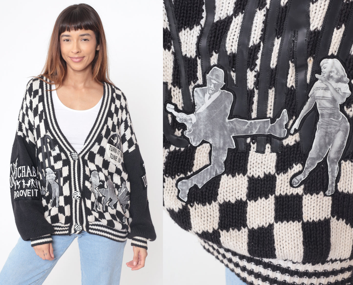 90s Untouchables Cardigan Black White Checkered Argyle Pattern Graphic Cotton Vintage Streetwear Dance Music Extra Large XL