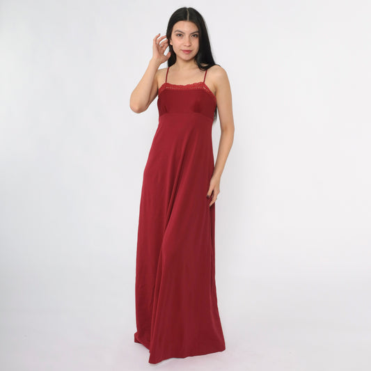 Vintage 70s Wine Red Maxi Party Dress Crochet Trim XS