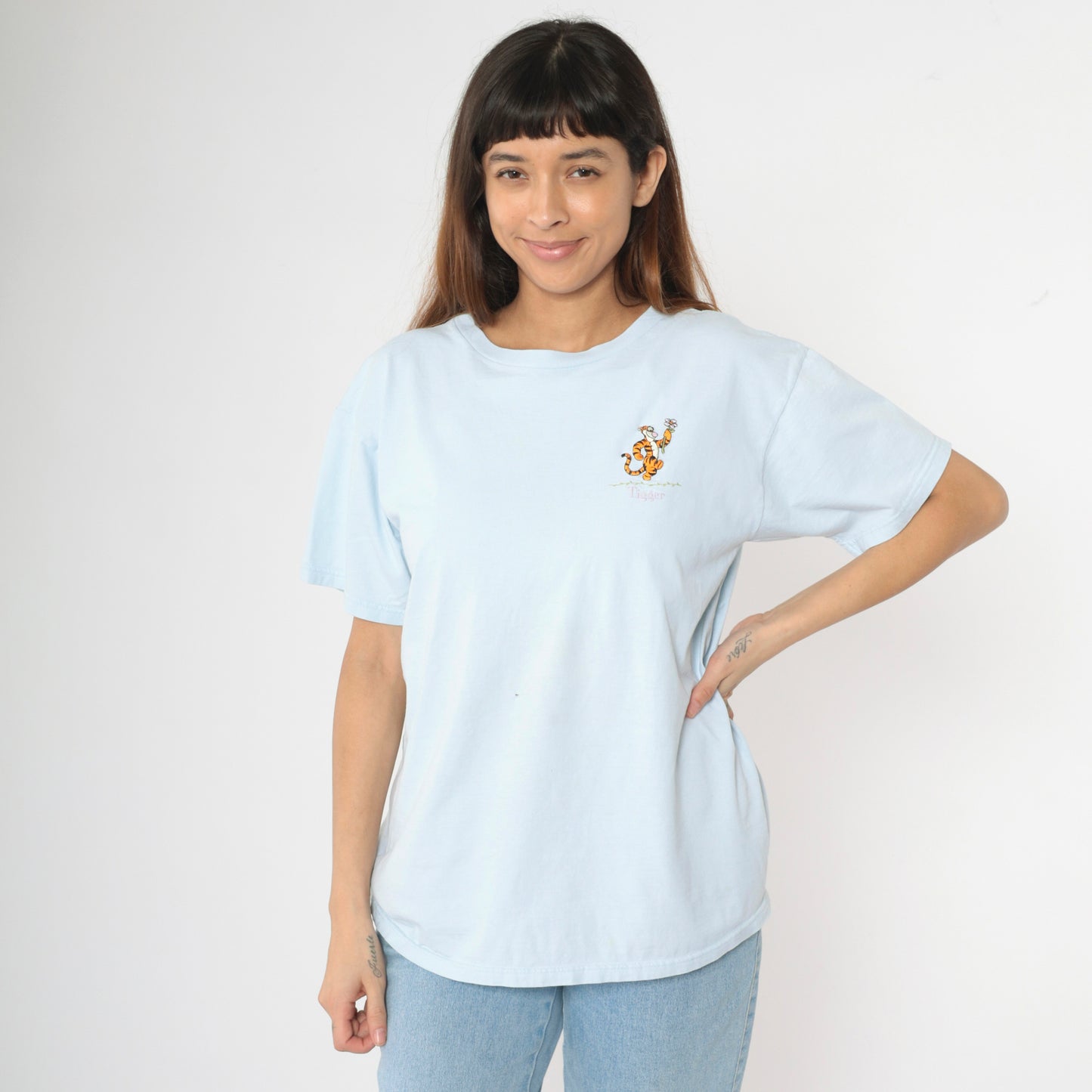 Embroidered Tigger Shirt Y2K Disney T-Shirt Baby Blue Winnie The Pooh Graphic Tee Cartoon Tshirt Streetwear Retro Top Vintage 00s Large