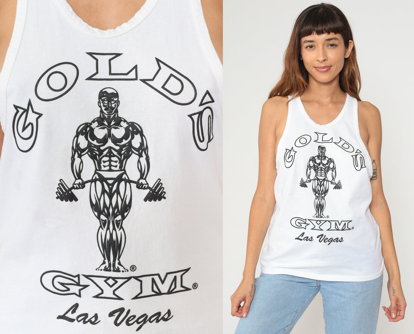 Golds Gym Tank Top 90s White Racerback Las Vegas Cotton Athletic Vintage Workout Muscle Shirt Fitness Training Gym Wear Bodybuilding Medium