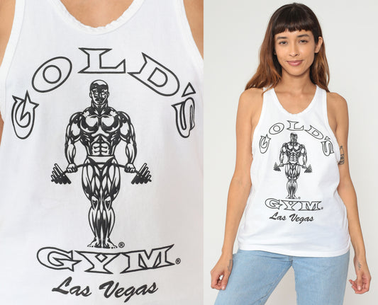 Golds Gym Tank Top 90s White Racerback Las Vegas Cotton Athletic Vintage Workout Muscle Shirt Fitness Training Gym Wear Bodybuilding Medium