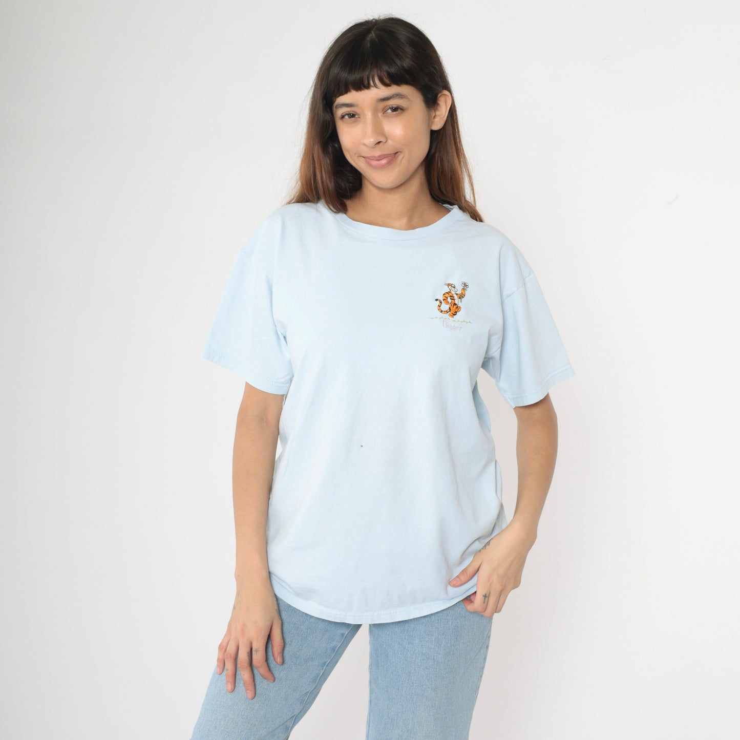 Embroidered Tigger Shirt Y2K Disney T-Shirt Baby Blue Winnie The Pooh Graphic Tee Cartoon Tshirt Streetwear Retro Top Vintage 00s Large