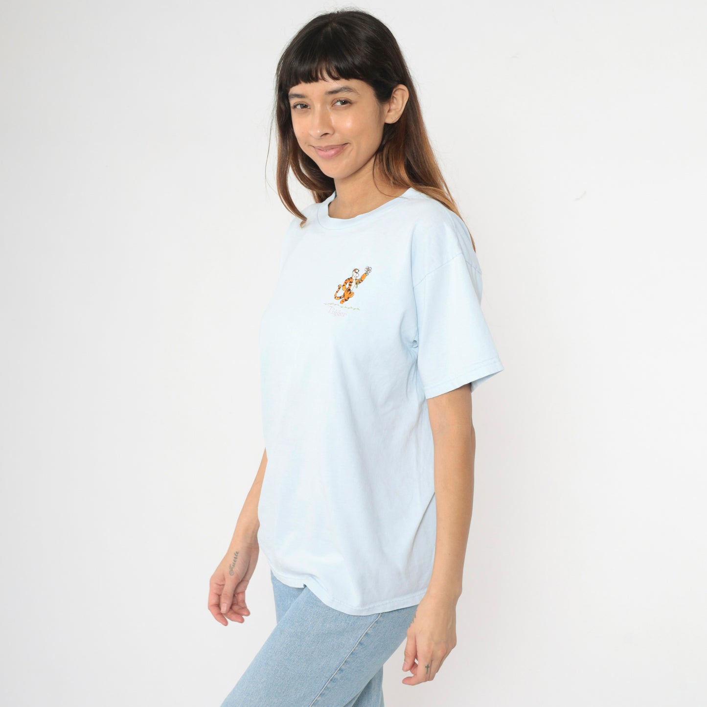 Embroidered Tigger Shirt Y2K Disney T-Shirt Baby Blue Winnie The Pooh Graphic Tee Cartoon Tshirt Streetwear Retro Top Vintage 00s Large