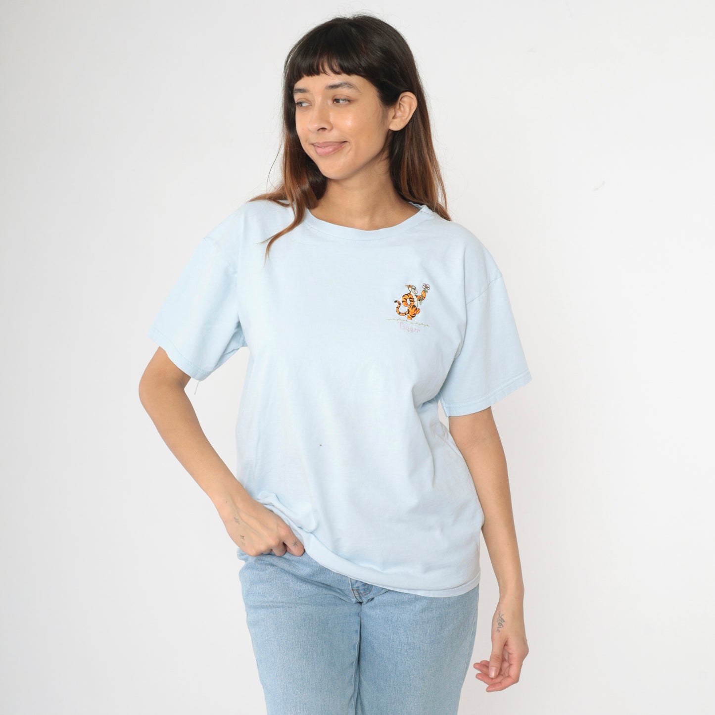 Embroidered Tigger Shirt Y2K Disney T-Shirt Baby Blue Winnie The Pooh Graphic Tee Cartoon Tshirt Streetwear Retro Top Vintage 00s Large