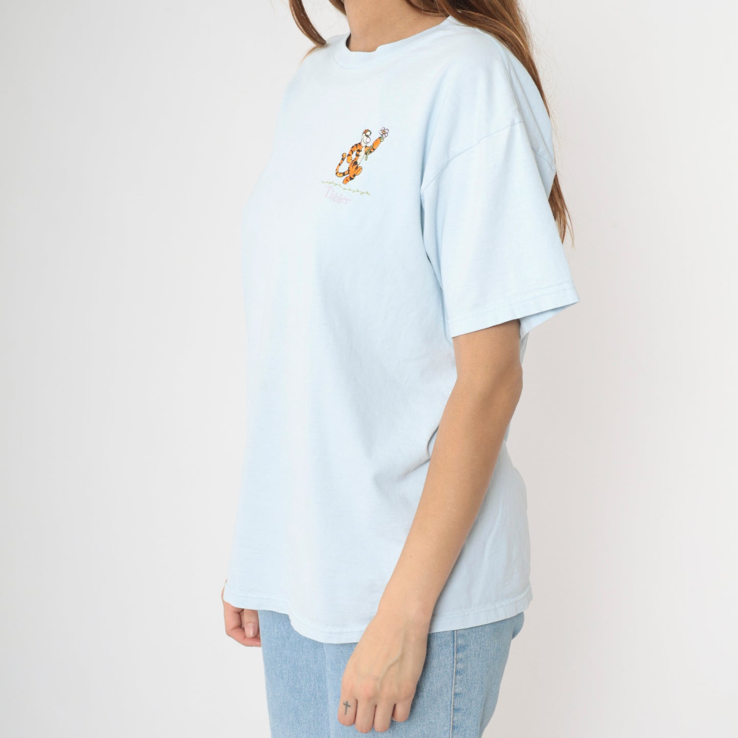 Embroidered Tigger Shirt Y2K Disney T-Shirt Baby Blue Winnie The Pooh Graphic Tee Cartoon Tshirt Streetwear Retro Top Vintage 00s Large