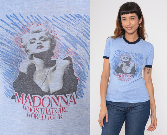 Madonna Who's That Girl Tour Shirt 80s Concert Tee Blue Ringer Vintage Band Tee Crew Neck Graphic U.S. World Tour Cities Periwinkle Small S