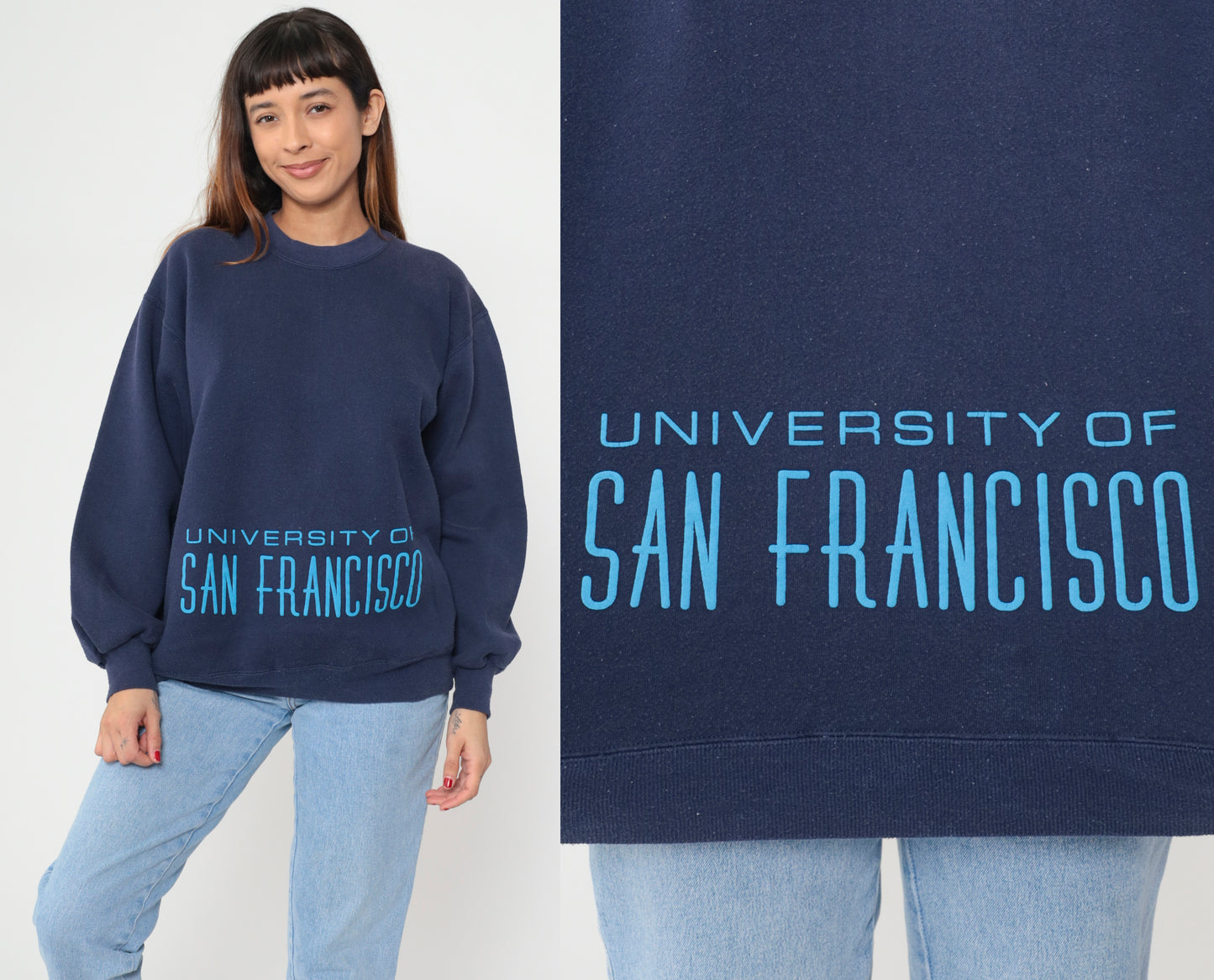 University of San Francisco Sweatshirt 80s Navy Blue College Crew Neck Vintage Athletic Preppy Light Academia Pullover Extra Large XL