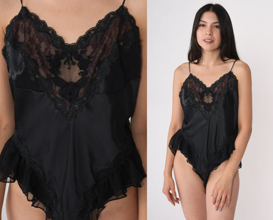 80's Black Ruffled Lace Teddy