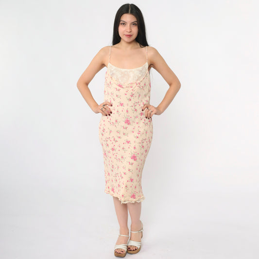 Vintage 90s Peach Floral Lace Bust Slip Dress 8