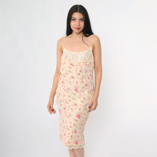 Vintage 90s Peach Floral Lace Bust Slip Dress 8