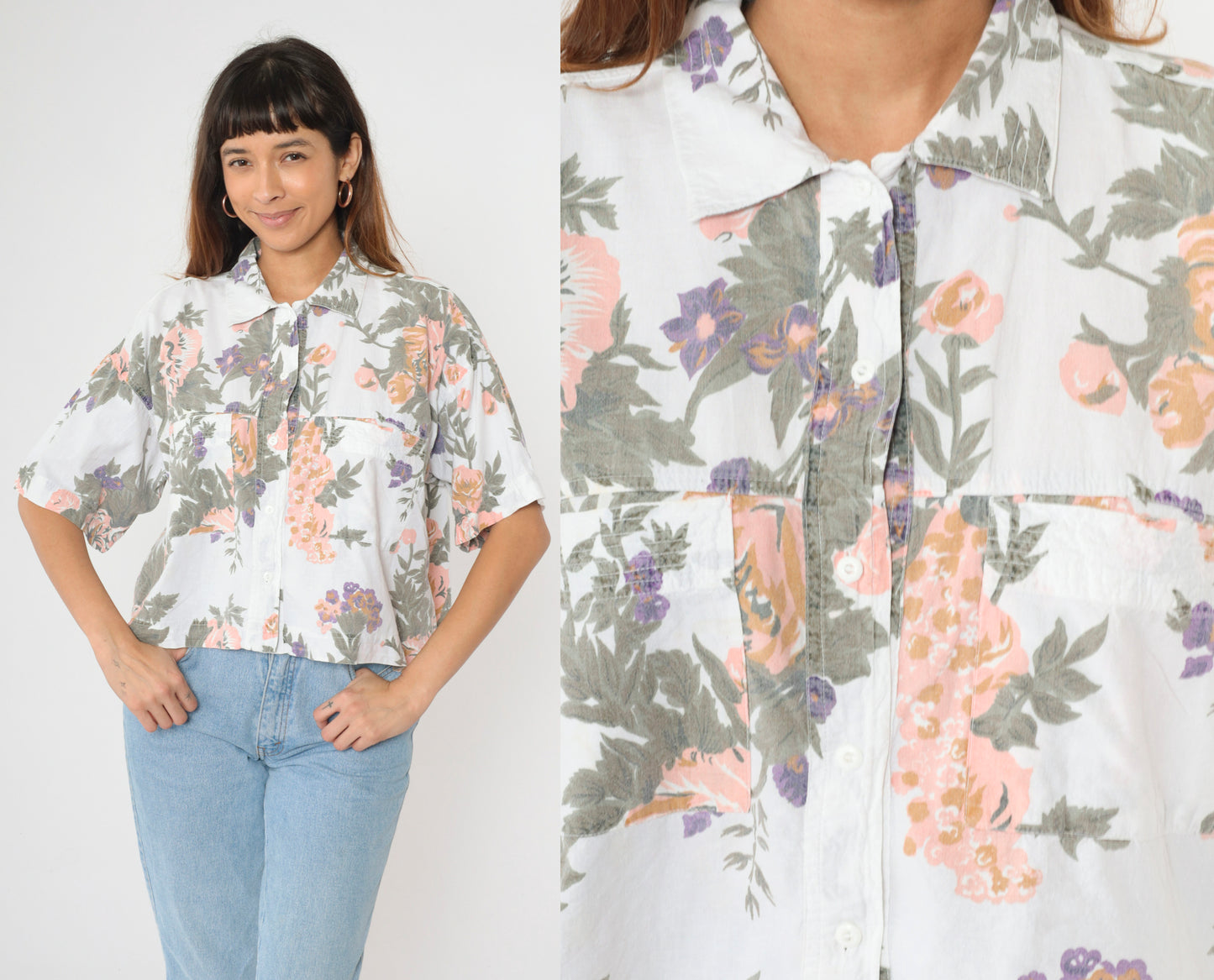 90s Chest Pocket Floral Blouse M