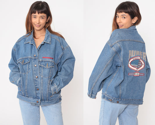 Hummer Denim Jacket Y2K American Flag Cotton Blue Button Front Chest Pockets Vintage 90s Americana Patriotic Logo Unisex Back Extra Large XL