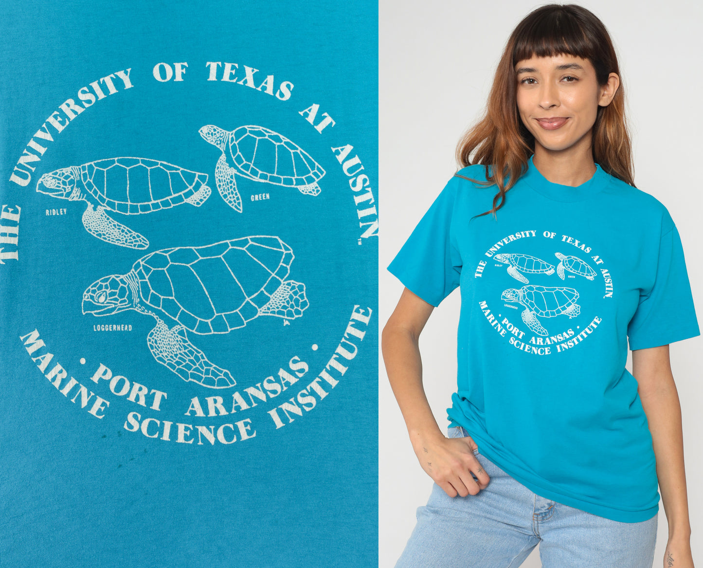 90s University Texas Marine Science Institute Sea Turtle Teal Turquoise Cotton T Shirt Vintage College Austin Wildlife Ocean Biology Medium