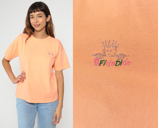 90s Fido Dido T-Shirt Orange Peach Embroidered Logo Cotton Short Sleeve Vintage Tee Casual Basic Top Coral Salmon Streetwear Medium M