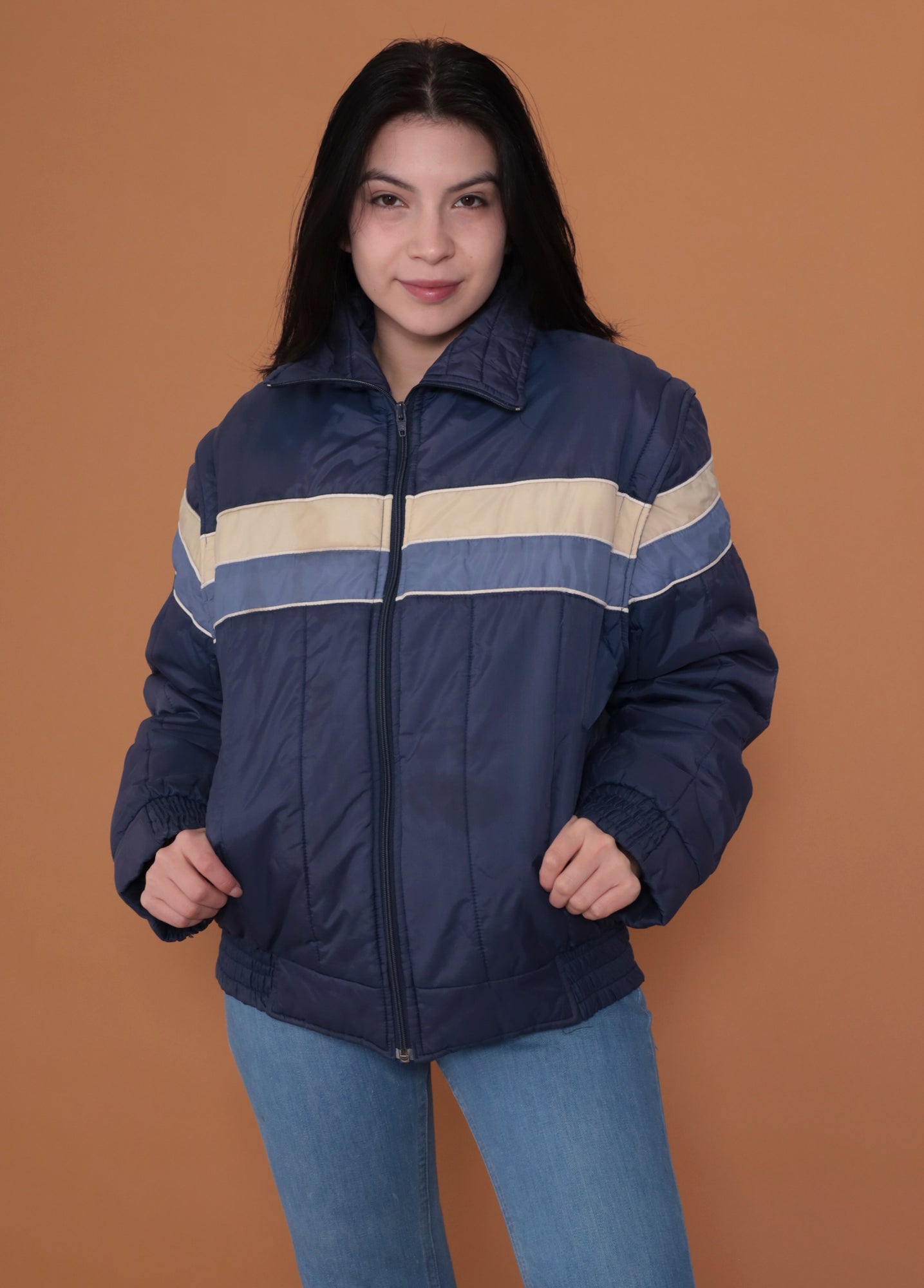 80s Navy Blue Striped Puffer Jacket