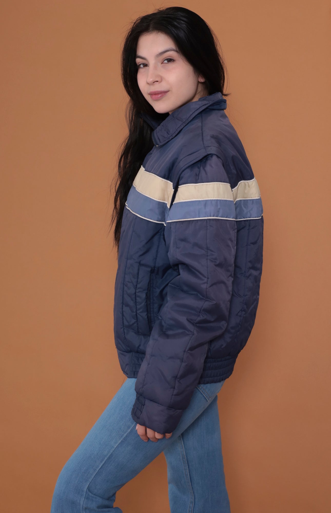 80s Navy Blue Striped Puffer Jacket