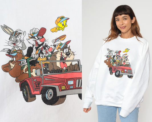 Looney Tunes Sweatshirt 90s White Graphic Jeep Bugs Bunny Tweety Sylvester Taz Devil Long Sleeve Crew Neck Cotton Oversized Extra Large XL