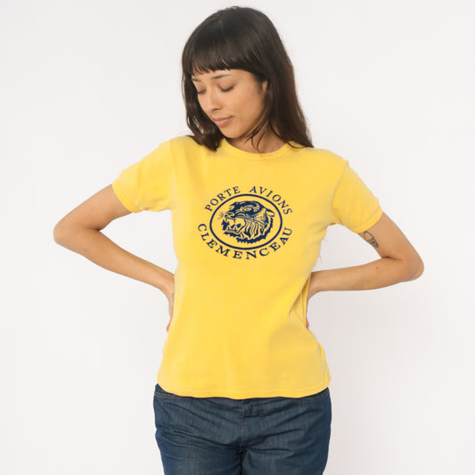 80s French Military Tee Yellow Graphic Clemenceau Naval Aircraft Carrier Logo Short Sleeve Vintage T Shirt Lion Crest Porte Avions Small S
