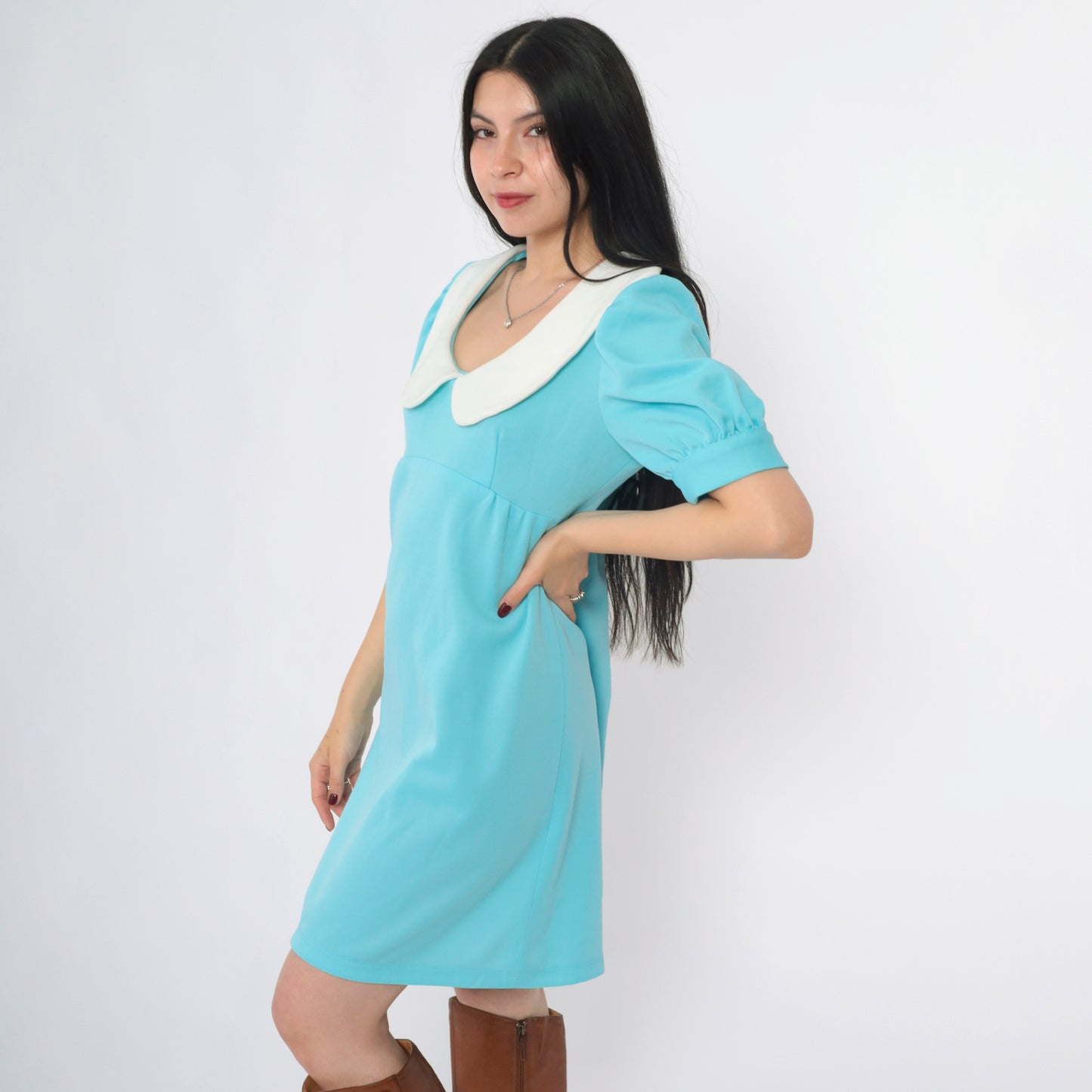 Vintage 60s Peter Pan Babydoll Mod Mini Dress M L
