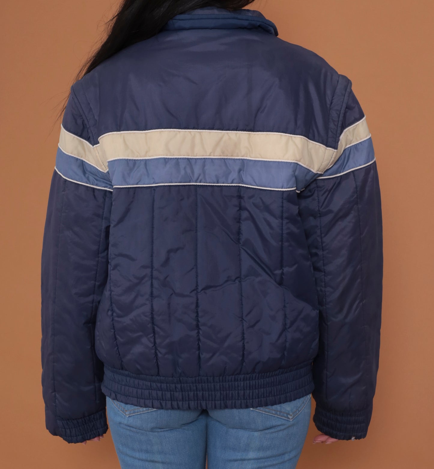 80s Navy Blue Striped Puffer Jacket