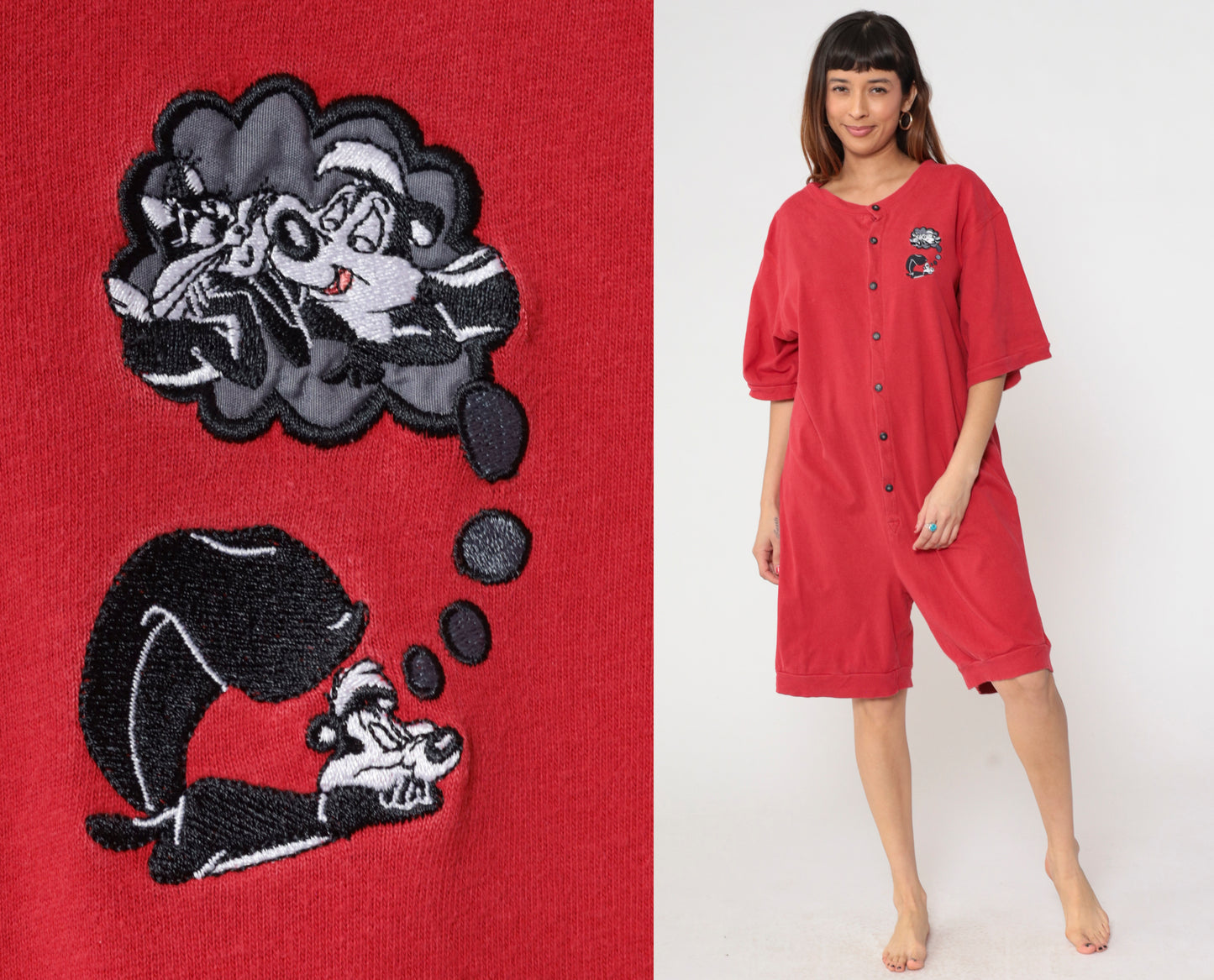 Pepe Le Pew Romper Looney Tunes Pjs 90s Warner Bros Jumpsuit Red One Piece Cartoon Embroidered Vintage Loungewear Playsuit Extra Large XL