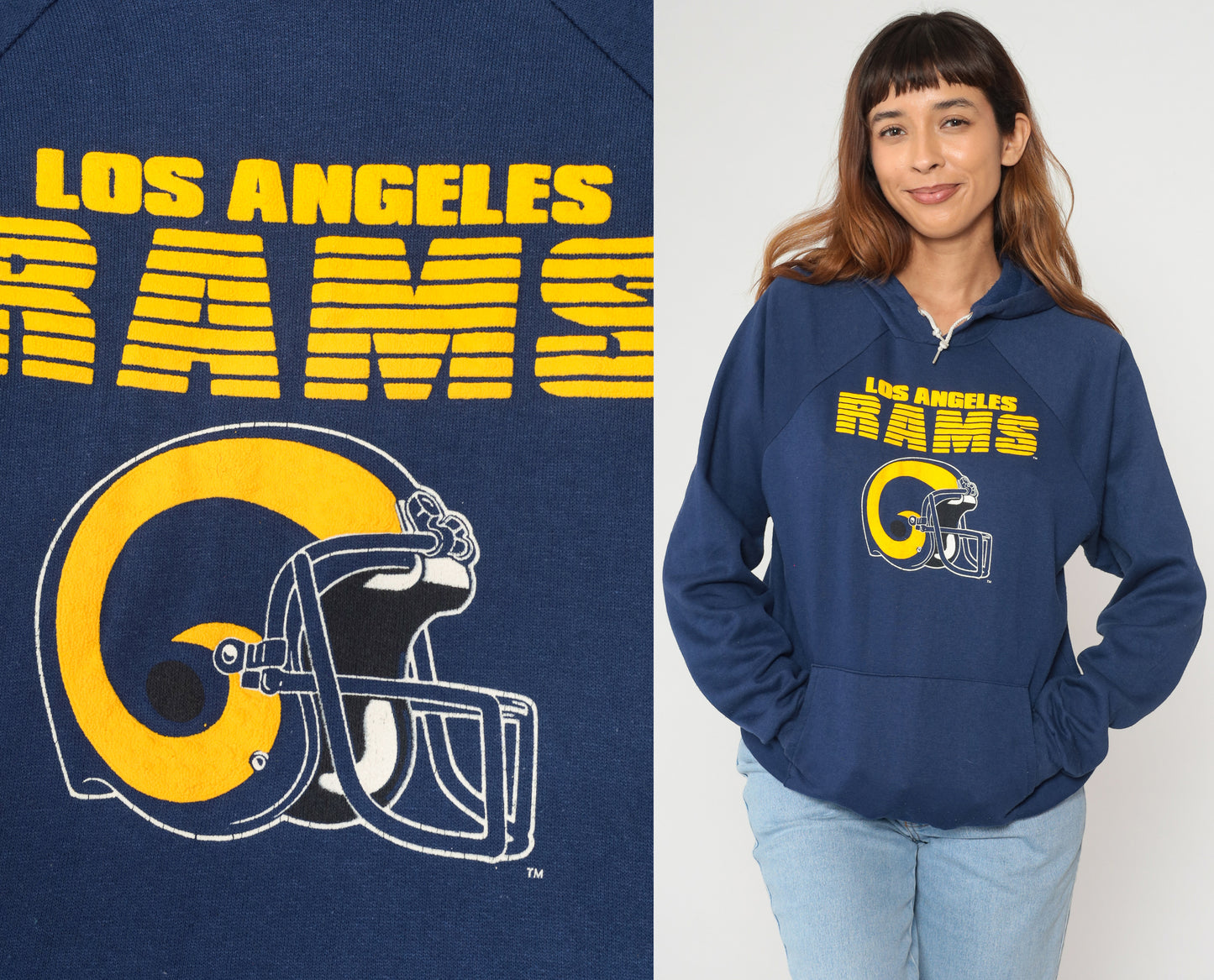 80s NFL Los Angeles Rams Hoodie Navy Blue Football Sweatshirt Vintage Athletic Pullover Kangaroo Pocket Team Official License Men's Large L