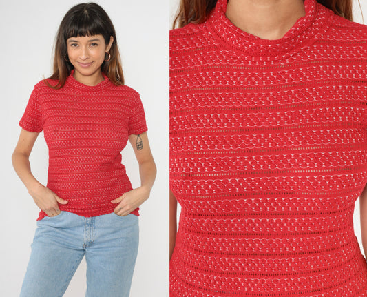 90s Bongo Red Pointelle Knit Shirt M