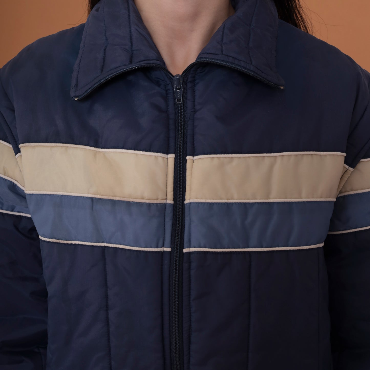 80s Navy Blue Striped Puffer Jacket