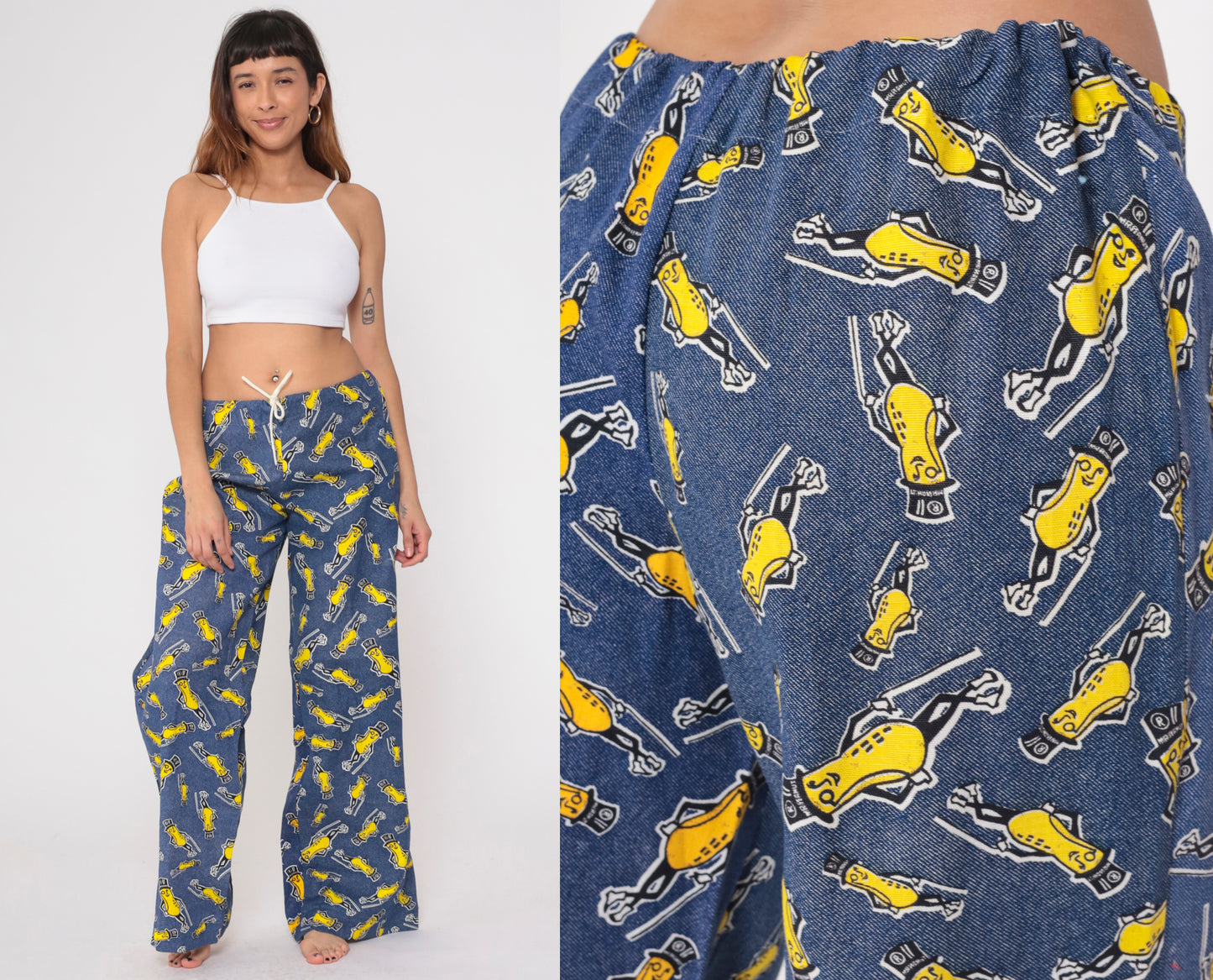 70s Planters Peanuts Pants Blue Yellow Mascot Pajama Lounge Wide Leg Drawstring Waist Palazzo Novelty Character Vintage Sleep Wear Medium M