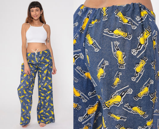 70s Planters Peanuts Pants Blue Yellow Mascot Pajama Lounge Wide Leg Drawstring Waist Palazzo Novelty Character Vintage Sleep Wear Medium M