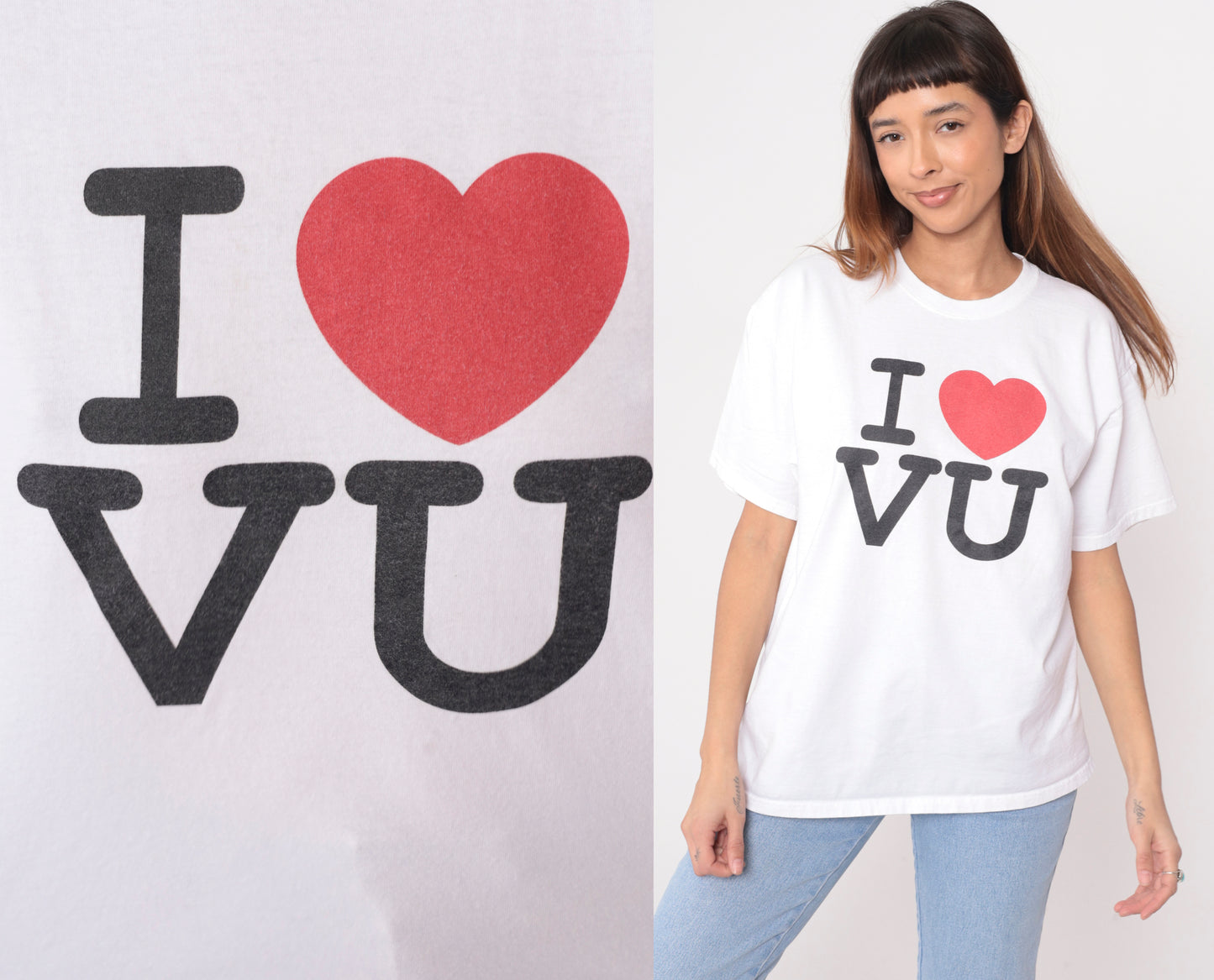Y2K White Cotton T-Shirt I Love VU University College Graphic Tee Hanes Campus Vintage 2000s Letter Print Heart Logo School Spirit Large L