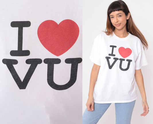 Y2K White Cotton T-Shirt I Love VU University College Graphic Tee Hanes Campus Vintage 2000s Letter Print Heart Logo School Spirit Large L