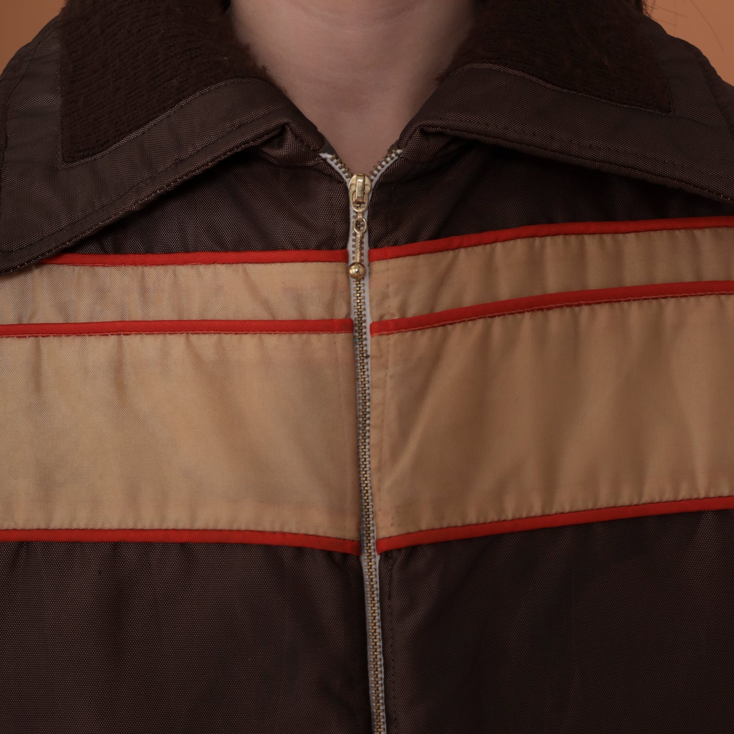 70s Brown and Cream with Red Trim Puffer Jacket