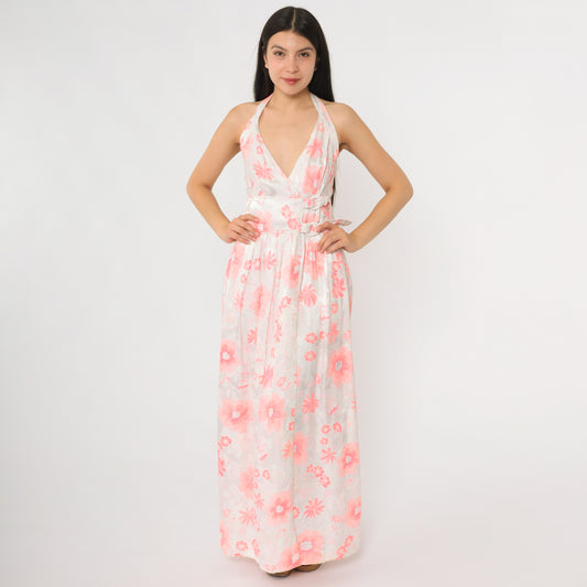 70s Courrèges Paris Wrap Dress Halter Neck Floral Print Vintage Couture French Designer Gown Double Belted Waist Pink White Extra Small XS 0