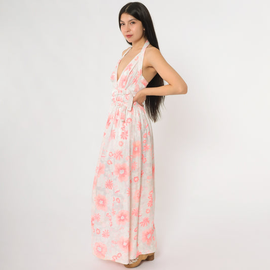 70s Courrèges Paris Wrap Dress Halter Neck Floral Print Vintage Couture French Designer Gown Double Belted Waist Pink White Extra Small XS 0