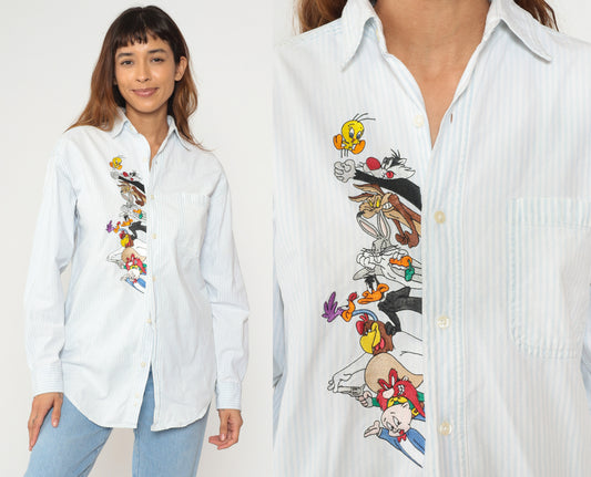 Looney Tunes Shirt 90s White Blue Stripe Button Up Tweety Sylvester Bugs Bunny Daffy Duck Long Sleeve Cotton Oversized Extra Small XS
