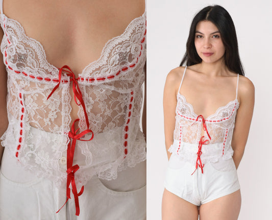 80's White Lace and Red Satin Top