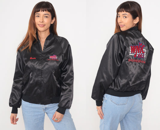 90s Radio Station Windbreaker WNIC Detroit Black Bomber Jacket Embroidered Engineering Promotional Vintage Rock Music Extra Small XS