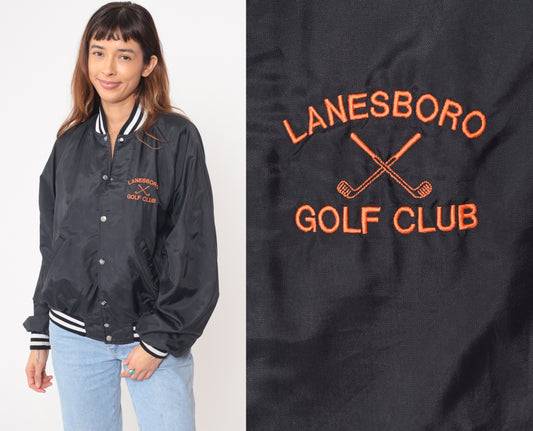 90s Golf Bomber Black Varsity Jacket Embroidered Athletic Snap Front Windbreaker Lanesboro Club Vintage United Sport Apparel Stripes Small S