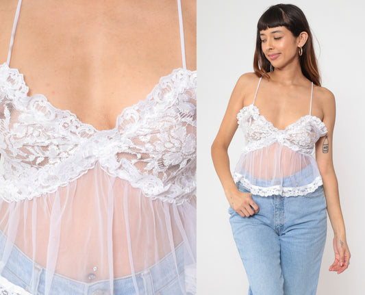 90s Babydoll Cami White Sheer Lace Top Spaghetti Strap Crop Coquette Balletcore Vintage Nightwear Bridal Lingerie Valentines Day Small S
