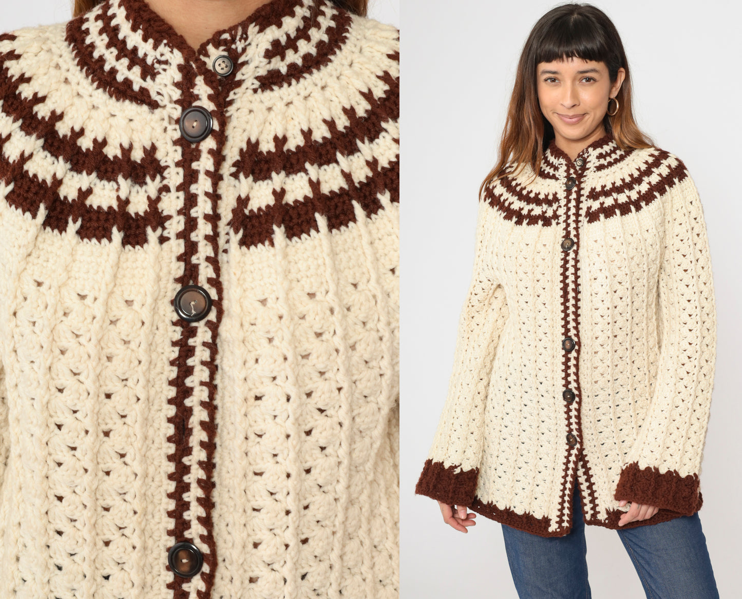70s Cream Crochet Boho Cardigan S/M