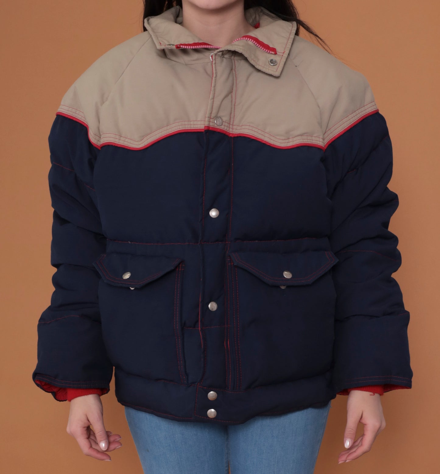 70s Navy Blue and Tan Puffer Ski Jacket