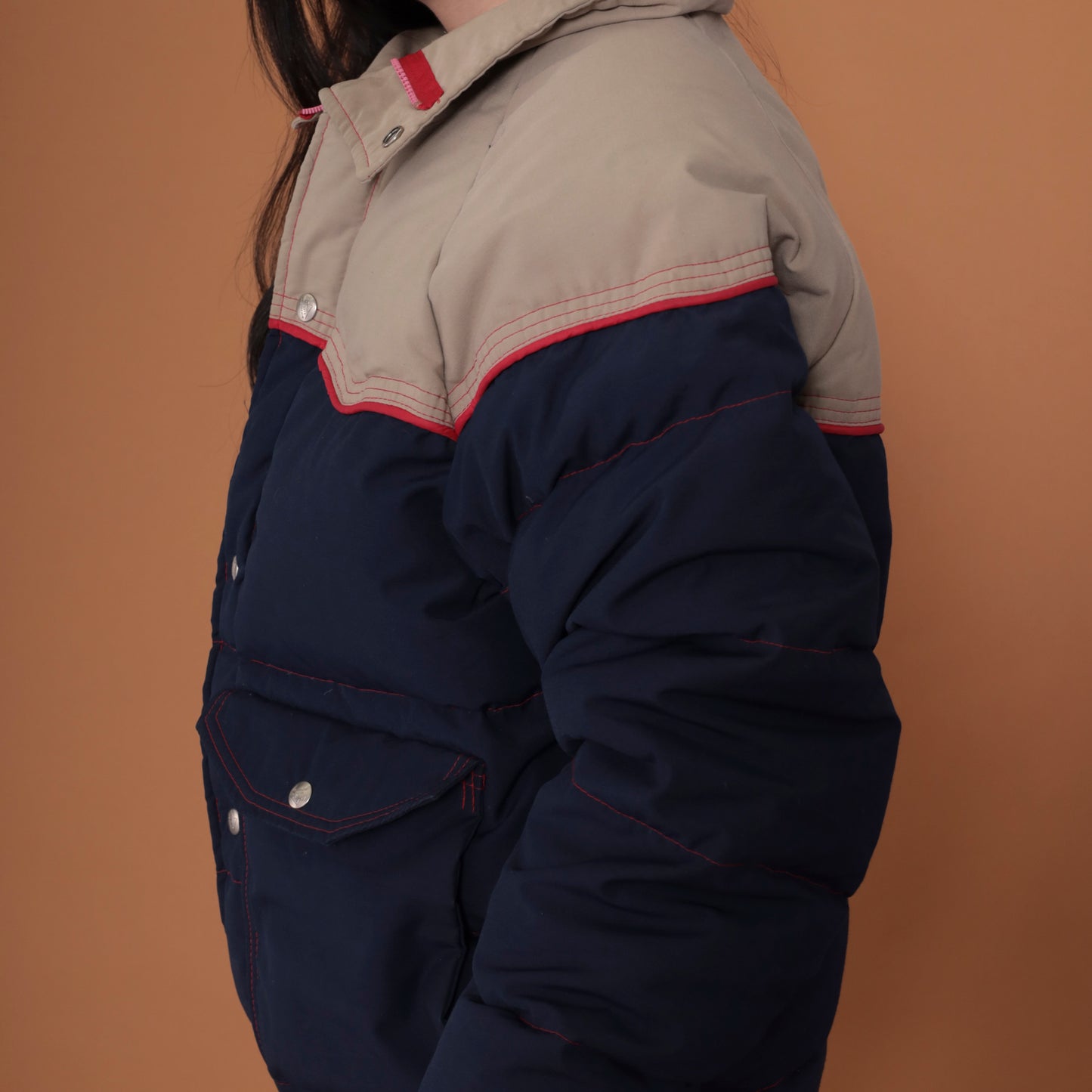 70s Navy Blue and Tan Puffer Ski Jacket